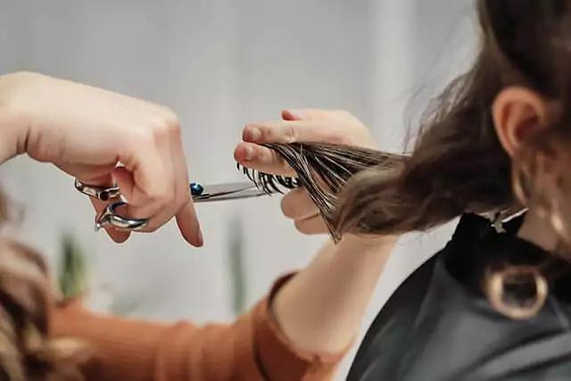 A woman is receiving a haircut from her hairdresser in a bright salon.