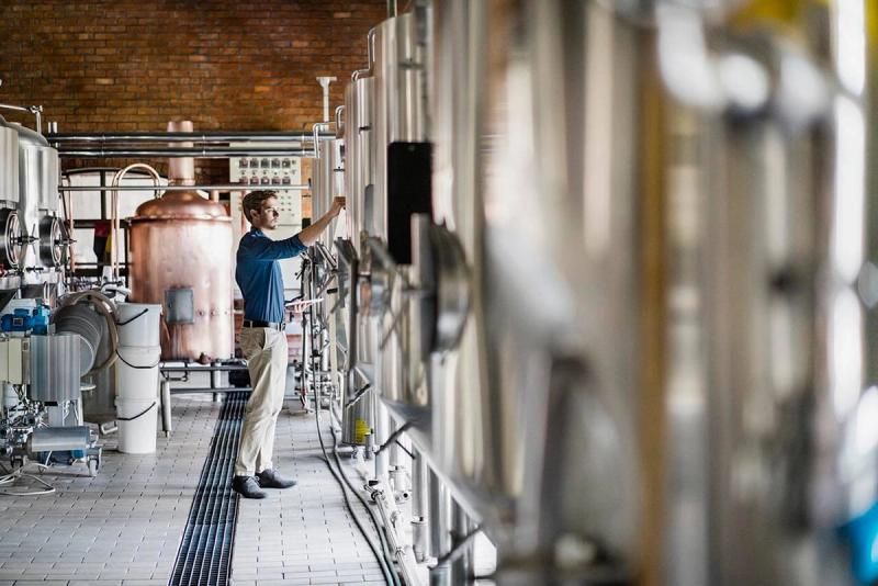 Person inspecting brewing equipment