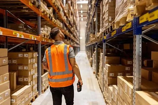 Man in reflective vest walking through a warehouse aisle, holding a device and looking up.
